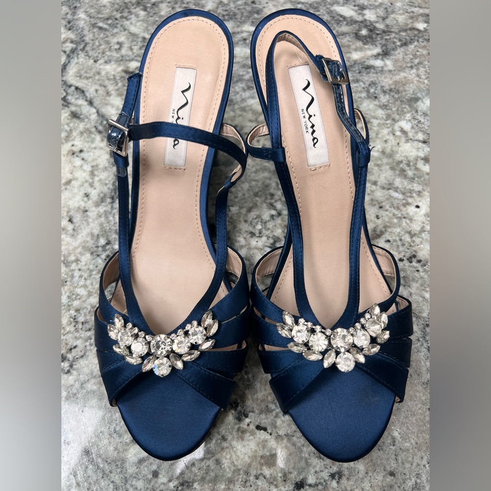 Nina Navy satin w/ faux diamonds, wedge heeled sandal. Size 9.5 women’s .